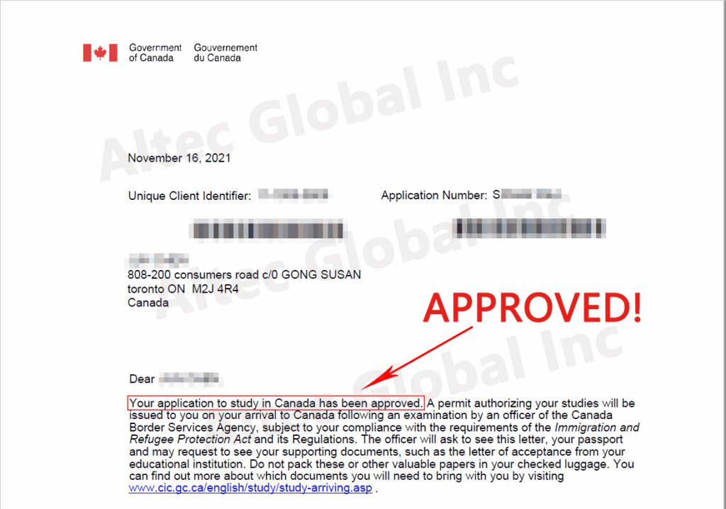 20211126 A Study Permit Application Approved with Altec Assistance