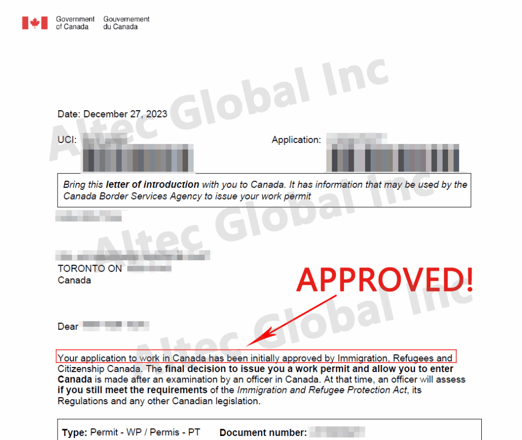 A Intra Company Transfers to Canada Application Approved with Altec Assistance