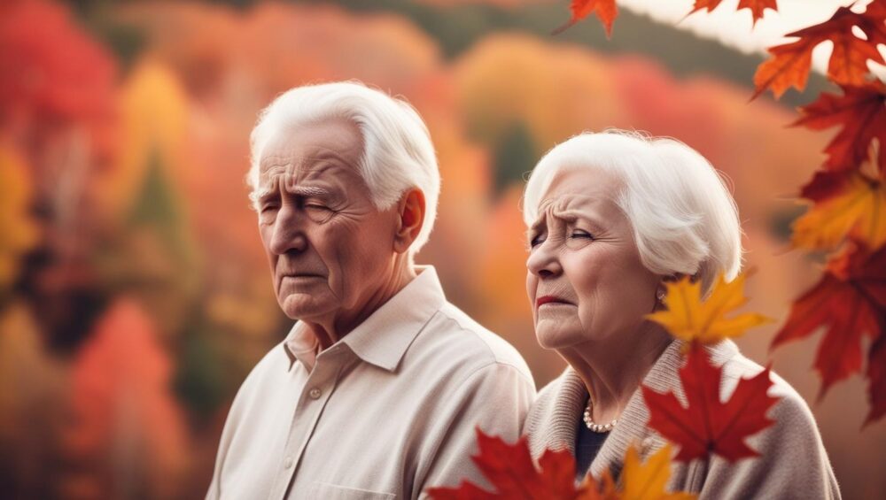 A pair of white elderly was disappointed with a Canada background
