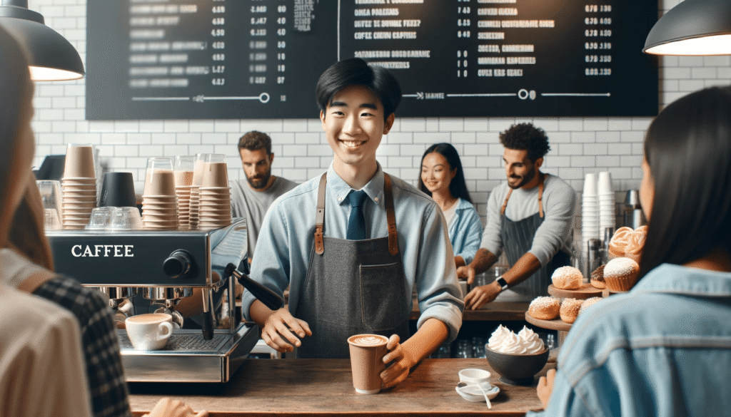 DALL·E 2024 05 15 14.42.48 A coffee shop scene with an international student working as a barista. The student is behind the counter preparing coffee drinks and interacting wit 1