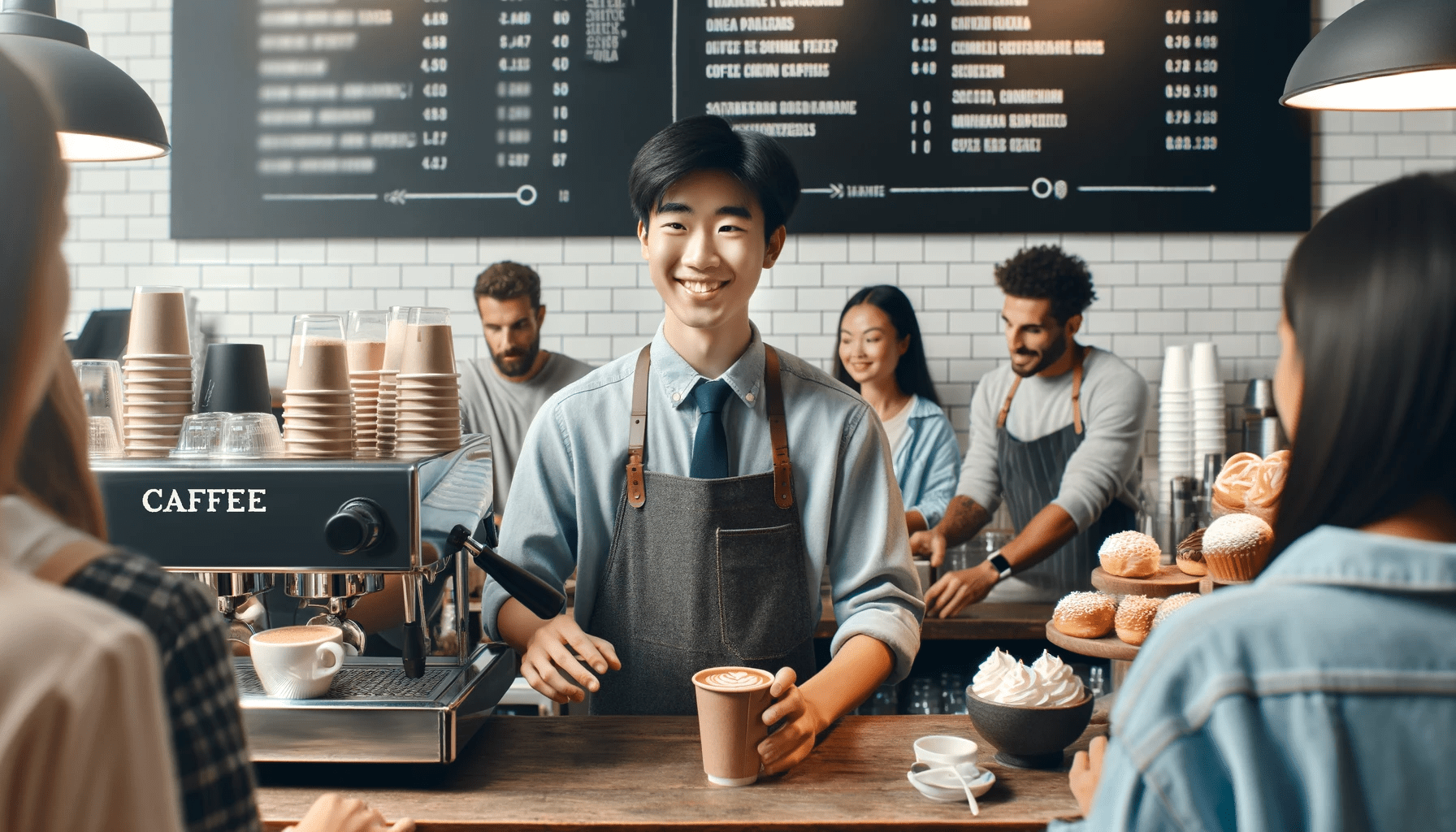 DALL·E 2024 05 15 14.42.48 A coffee shop scene with an international student working as a barista. The student is behind the counter preparing coffee drinks and interacting wit 1