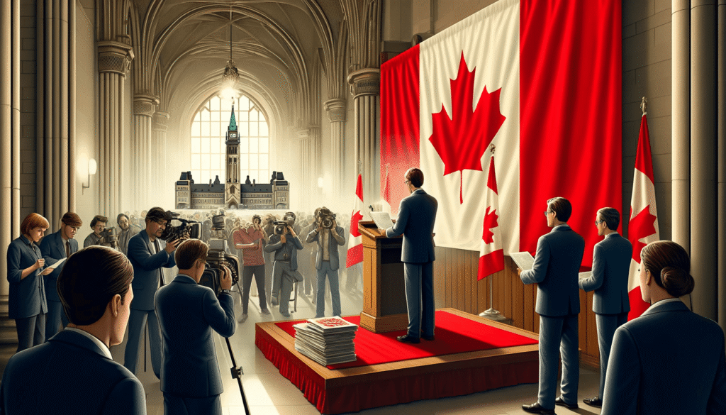 DALL·E 2024 05 23 14.03.58 A detailed and realistic illustration depicting the announcement of the Canadian Citizenship Act amendment. The scene shows a government official in a 1
