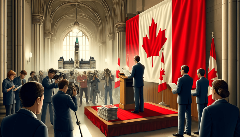 DALL·E 2024 05 23 14.03.58 A detailed and realistic illustration depicting the announcement of the Canadian Citizenship Act amendment. The scene shows a government official in a