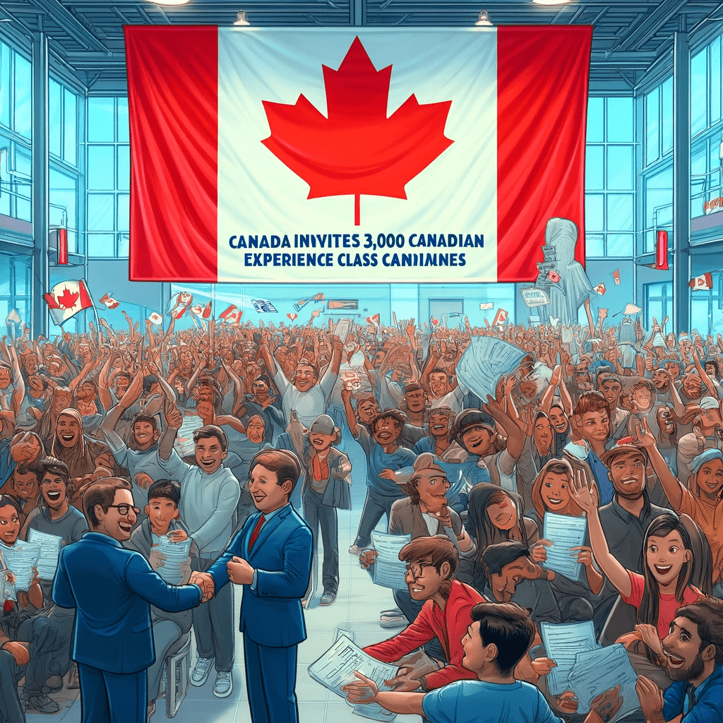 DALL·E 2024 05 31 13.28.19 A lively scene at an immigration office with a large sign reading Canada invites 3000 Canadian Experience Class candidates. The office is filled wi 1
