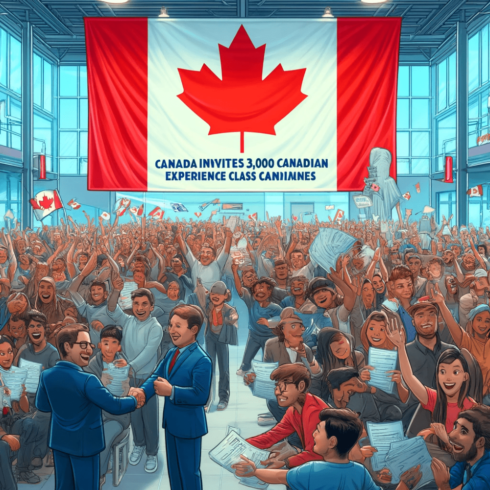 DALL·E 2024 05 31 13.28.19 A lively scene at an immigration office with a large sign reading Canada invites 3000 Canadian Experience Class candidates. The office is filled wi
