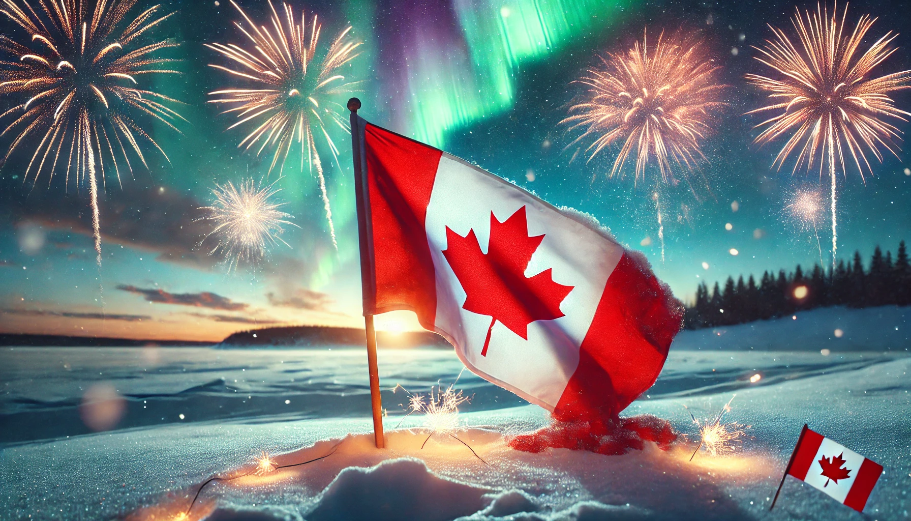 DALL·E 2025 02 26 13.05.33 A Canadian flag waving in a snowy winter landscape with fireworks lighting up the evening sky. The scene is set during twilight with a beautiful auror 1