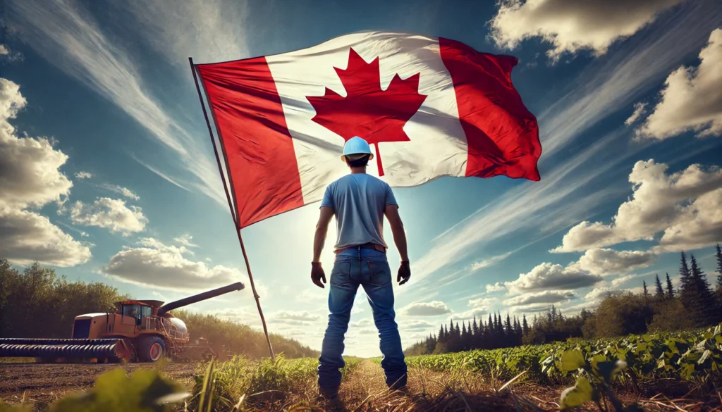 DALL·E 2025 03 07 16.50.25 A person standing outdoors in a rural or semi rural setting wearing a white hard hat and casual blue jeans with their back mostly to the viewer and