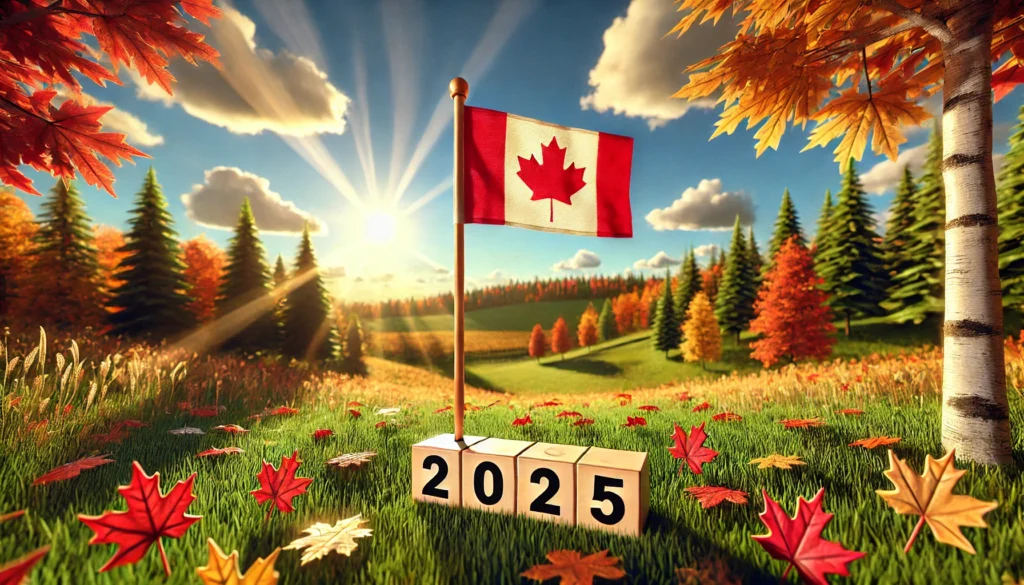 DALL·E 2025 03 12 15.11.03 A scenic autumn landscape with a clear blue sky and fluffy white clouds. The horizon is lined with lush green trees with closer trees displaying vibr 1